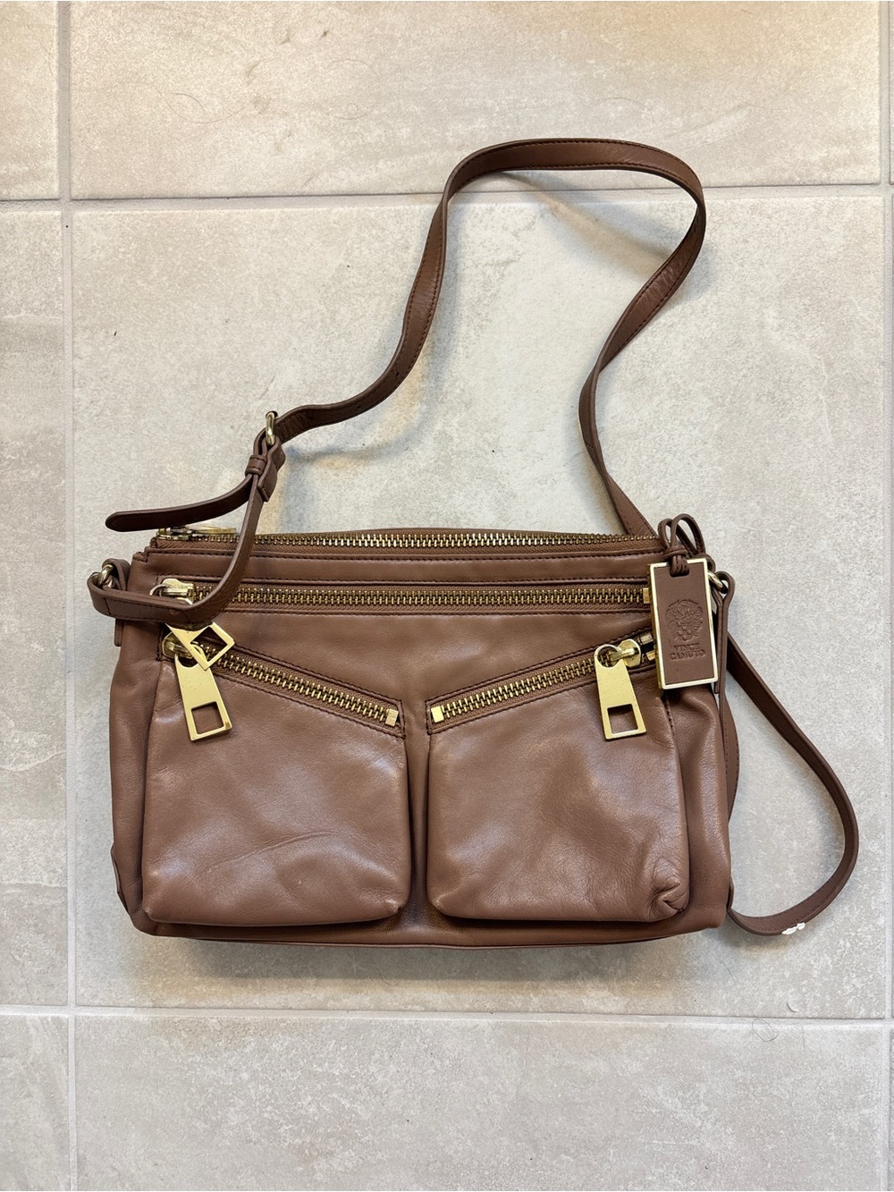 Vince Camuto Leather Crossbody Bag in Brown with Gold Hardware